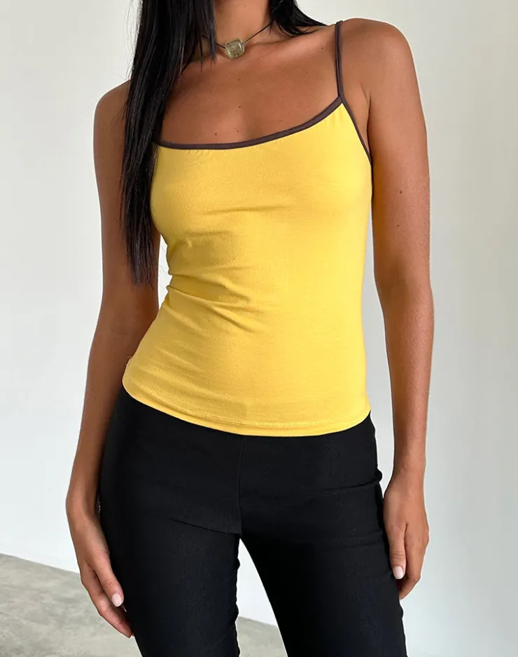 Women Motel Rocks Basic Tops | Strappy Tops | Solani Top in Yellow May with Deep Mahogony Binding