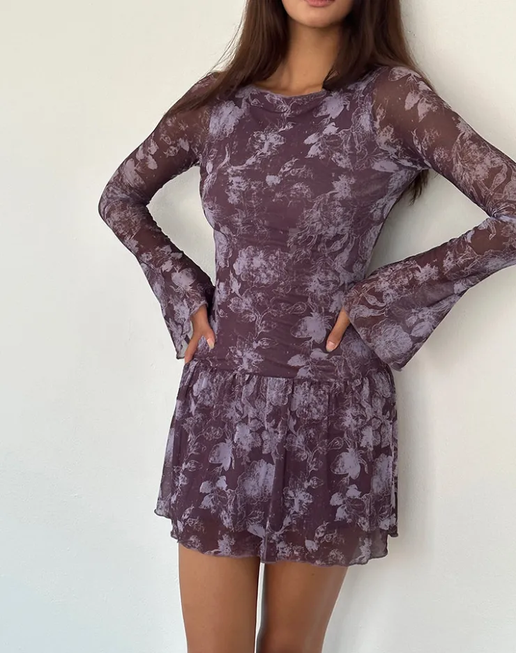 Women Motel Rocks Printed Dresses | Long Sleeve Dresses | Sonata Mini Dress in Botanic Sketch Purple