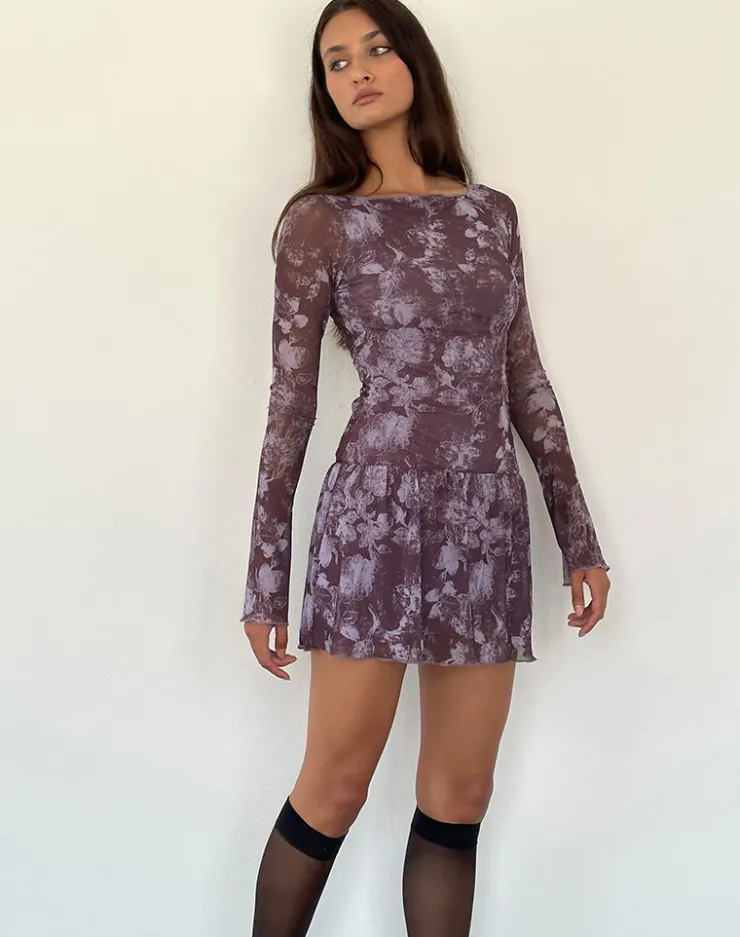 Women Motel Rocks Printed Dresses | Long Sleeve Dresses | Sonata Mini Dress in Botanic Sketch Purple