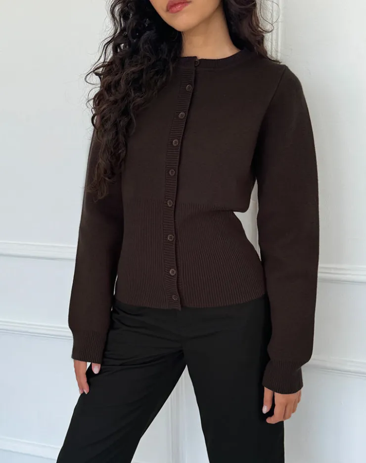 Women Motel Rocks Cardigans | Long Sleeve Tops | Subra Long Sleeve Ribbed Hem Cardigan in Bitter Chocolate