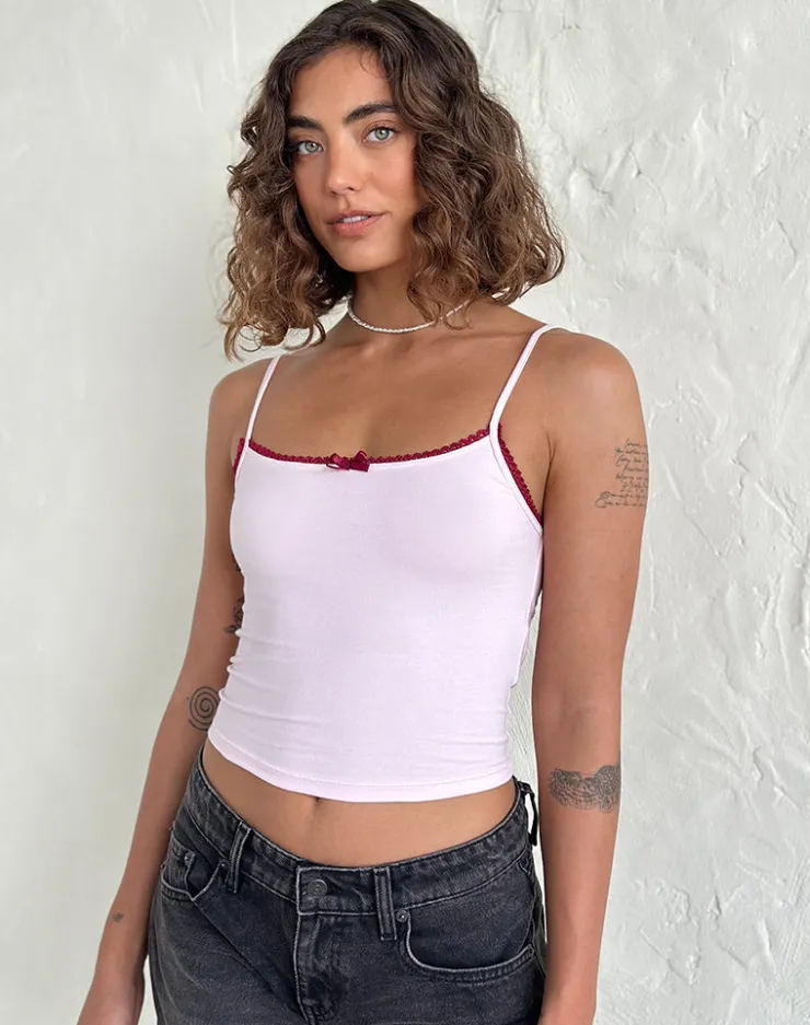 Women Motel Rocks Basic Tops | Vest Tops | Suna Vest Top in Light Pink with Burgundy Trim