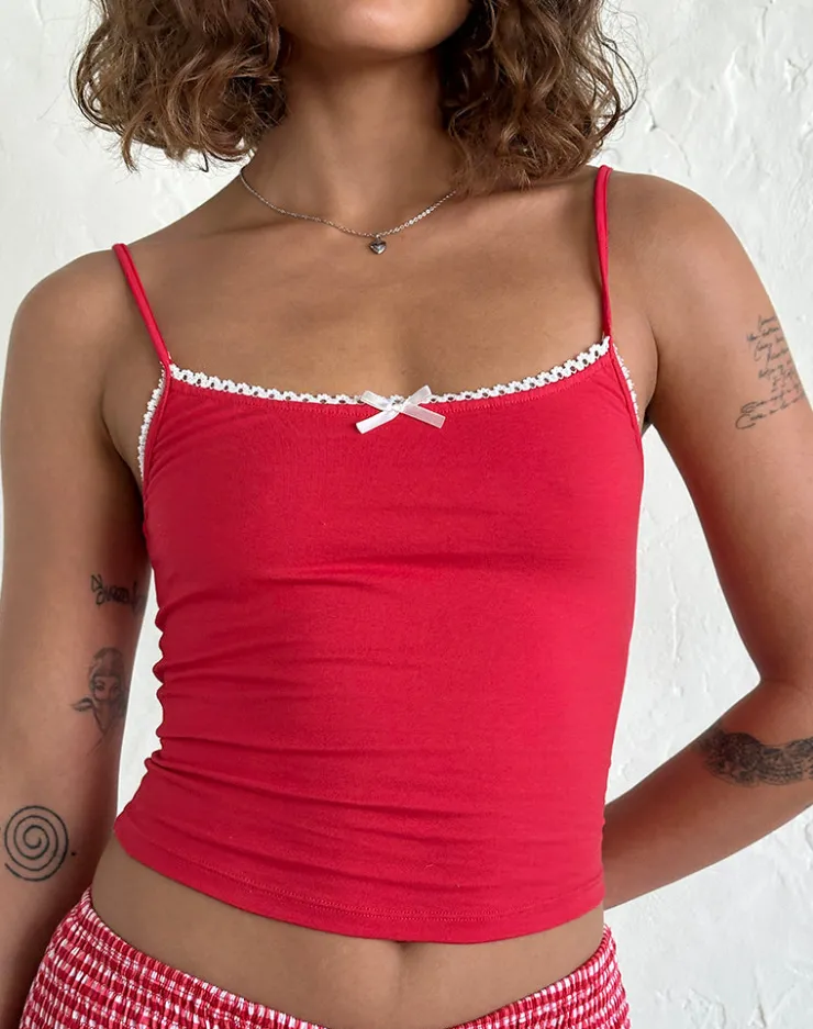 Women Motel Rocks Basic Tops | Vest Tops | Suna Vest Top in Tango Red with Ivory Trim