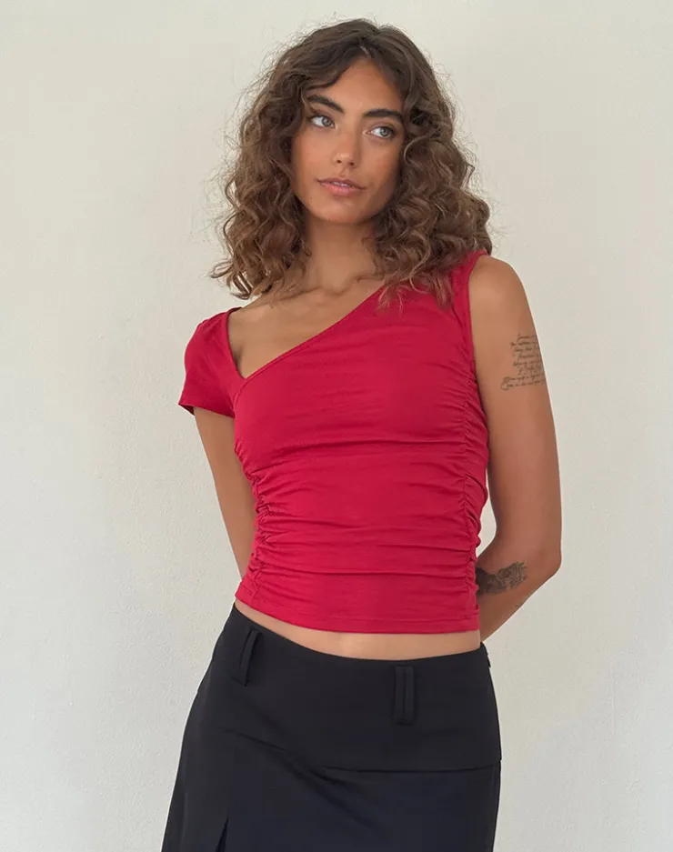 Women Motel Rocks Basics | Basic Tops | Sunhee Slash Neck Top in Adrenalin Red