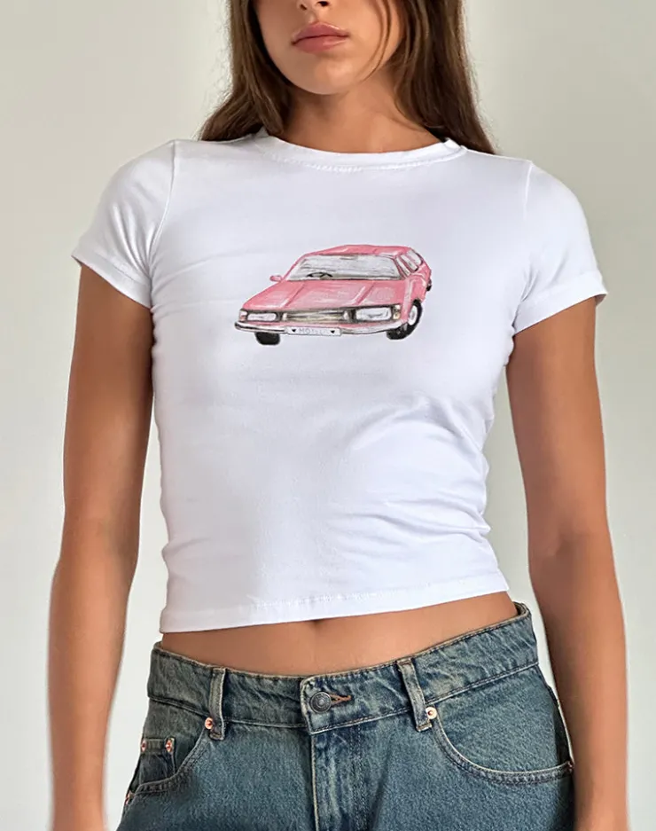 Women Motel Rocks Basics | Basic Tops | Sutin Baby Tee in White with Scribble Car Graphic