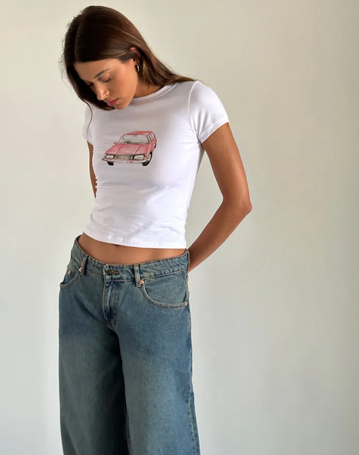 Women Motel Rocks Basics | Basic Tops | Sutin Baby Tee in White with Scribble Car Graphic