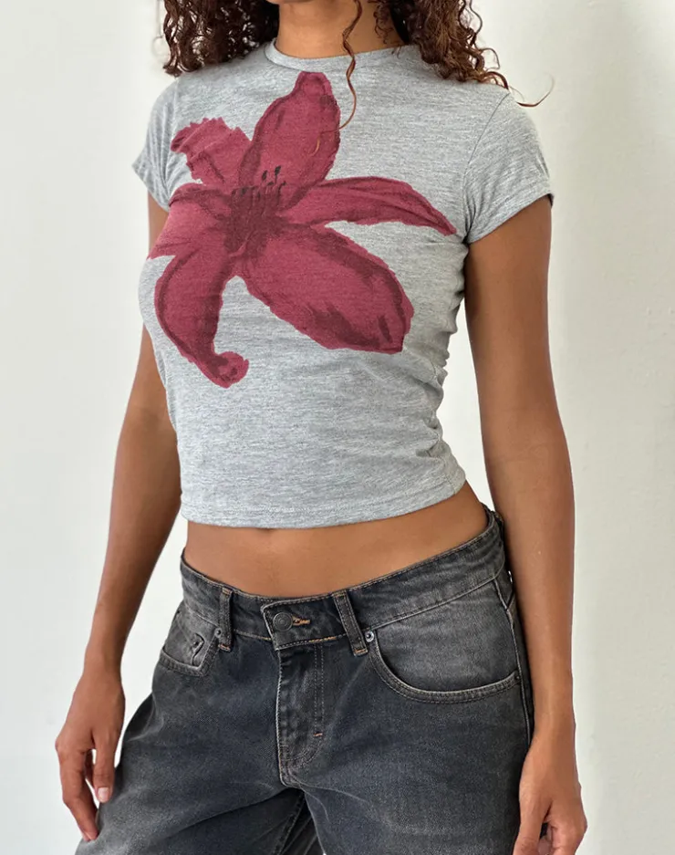 Women Motel Rocks Basic Tops | Printed Tops | Sutin Tee in Grey Marl Painted Flower Graphic