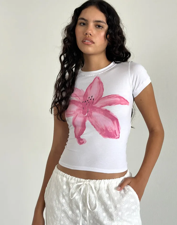 Women Motel Rocks Basic Tops | Printed Tops | Sutin Tee in White with Painted Flower Pink