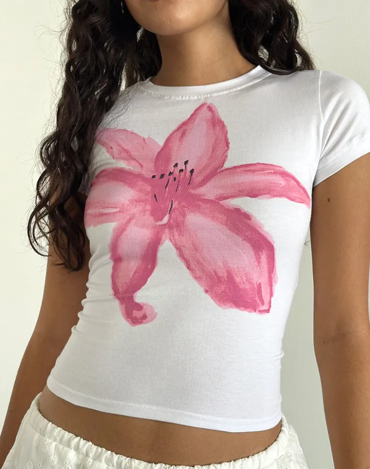 Women Motel Rocks Basic Tops | Printed Tops | Sutin Tee in White with Painted Flower Pink