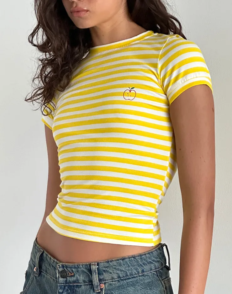 Women Motel Rocks Co-ords | Basic Tops | Sutin Tee in Yellow with White Stripe Apple Print