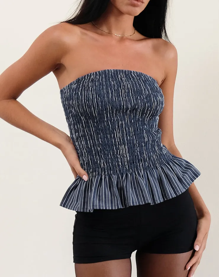 Women Motel Rocks Printed Tops | Bandeau Tops | Sutisna Bandeau Top in Indigo Stripe Dark Blue