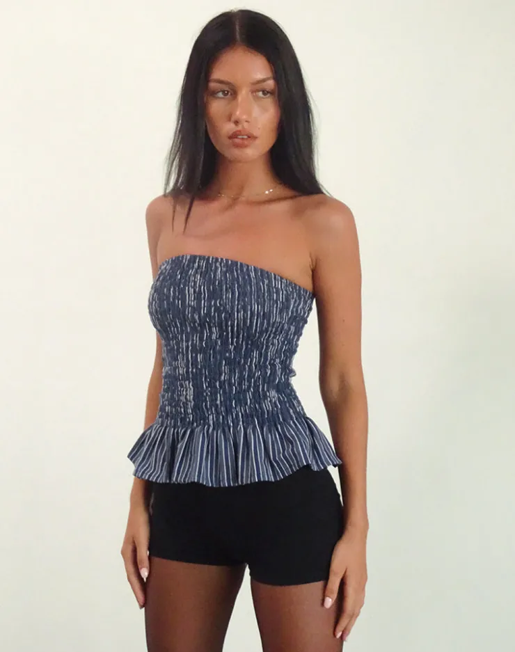 Women Motel Rocks Printed Tops | Bandeau Tops | Sutisna Bandeau Top in Indigo Stripe Dark Blue