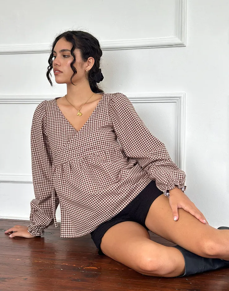 Women Motel Rocks Shirts And Blouses | Suzumi Wrap Blouse in Mini Gingham Brown