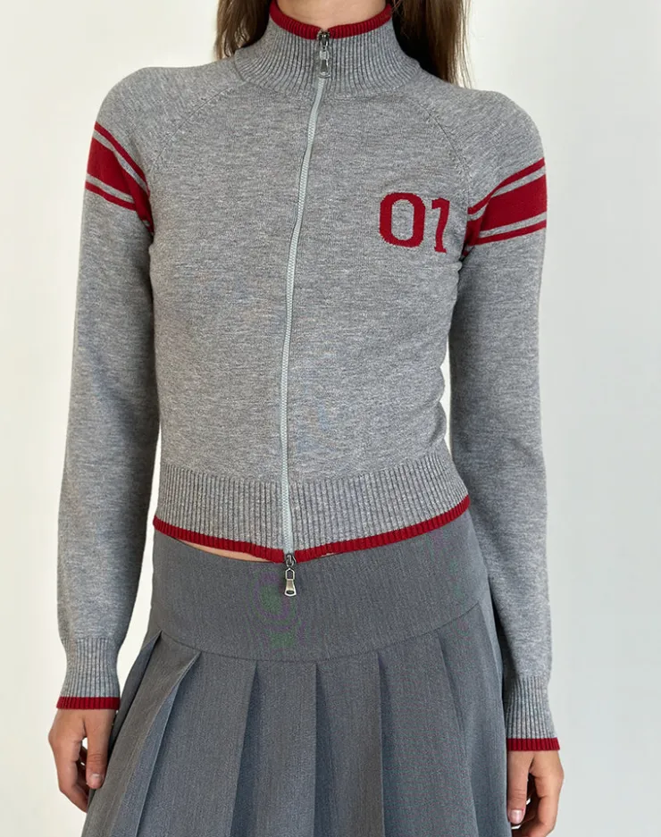 Women Motel Rocks Jackets | Tacita Zip Through Jacket in Grey with Red Motif