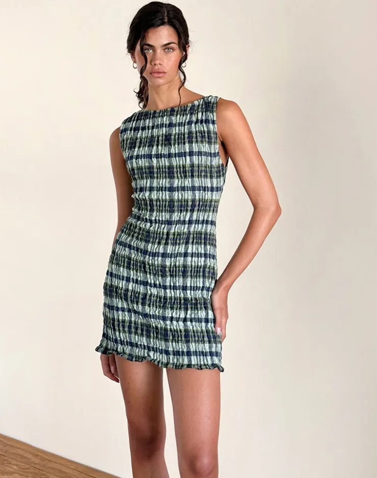 Women Motel Rocks Printed Dresses | Day Dresses | Takayi Mini Dress in Linen Mono Check Green