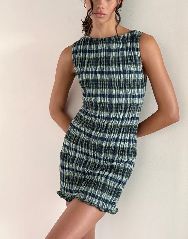 Women Motel Rocks Printed Dresses | Day Dresses | Takayi Mini Dress in Linen Mono Check Green