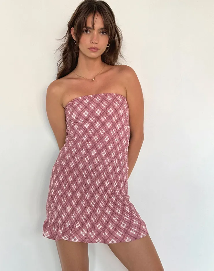 Women Motel Rocks Day Dresses | Bodycon Dresses | Takiyo Bandeau Mini Dress in Pink Tartan