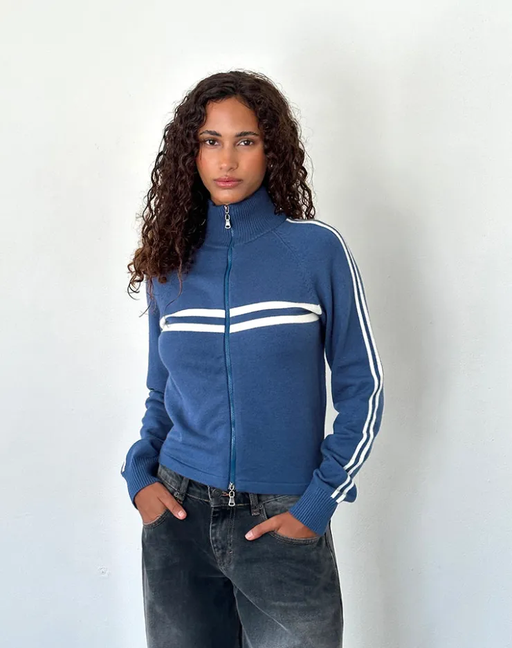 Women Motel Rocks Jumpers | LOUNGEWEAR | Talisa Sporty Zip Through Jacket In Navy with Ivory Stripes