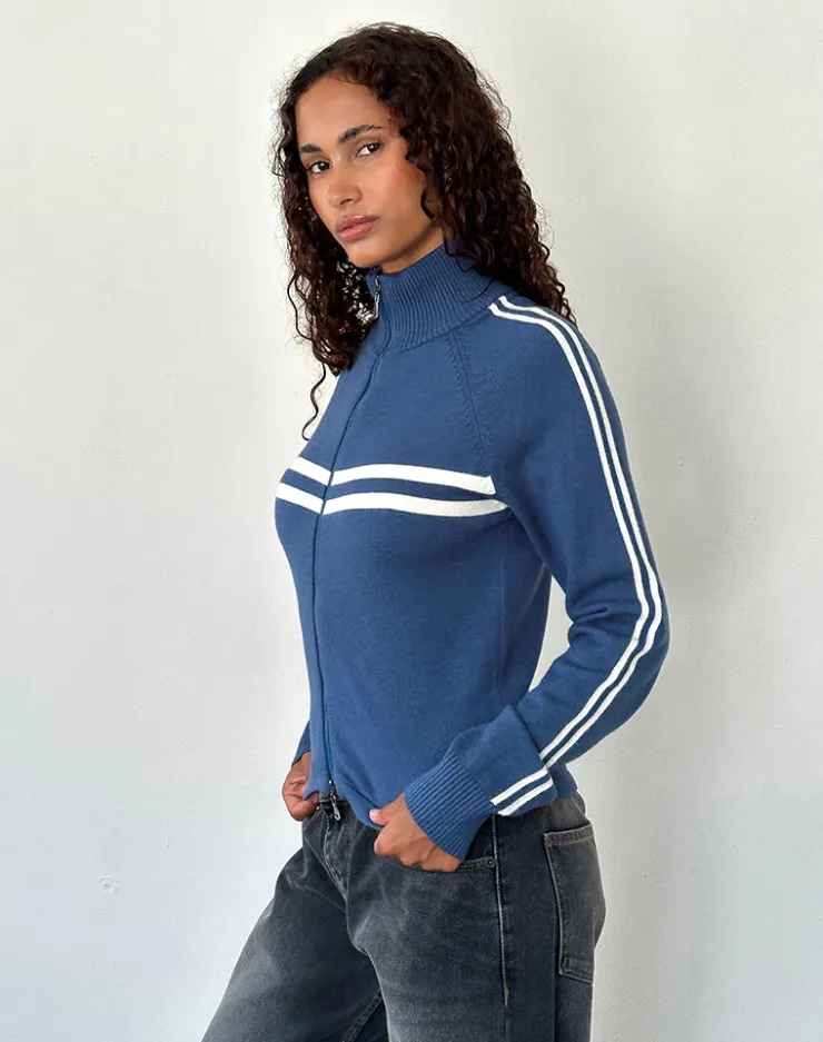 Women Motel Rocks Jumpers | LOUNGEWEAR | Talisa Sporty Zip Through Jacket In Navy with Ivory Stripes