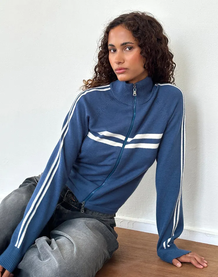 Women Motel Rocks Jumpers | LOUNGEWEAR | Talisa Sporty Zip Through Jacket In Navy with Ivory Stripes
