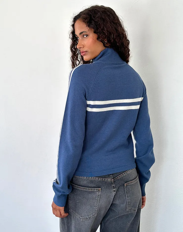 Women Motel Rocks Jumpers | LOUNGEWEAR | Talisa Sporty Zip Through Jacket In Navy with Ivory Stripes