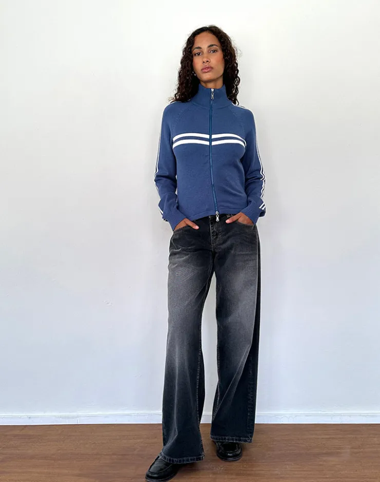 Women Motel Rocks Jumpers | LOUNGEWEAR | Talisa Sporty Zip Through Jacket In Navy with Ivory Stripes
