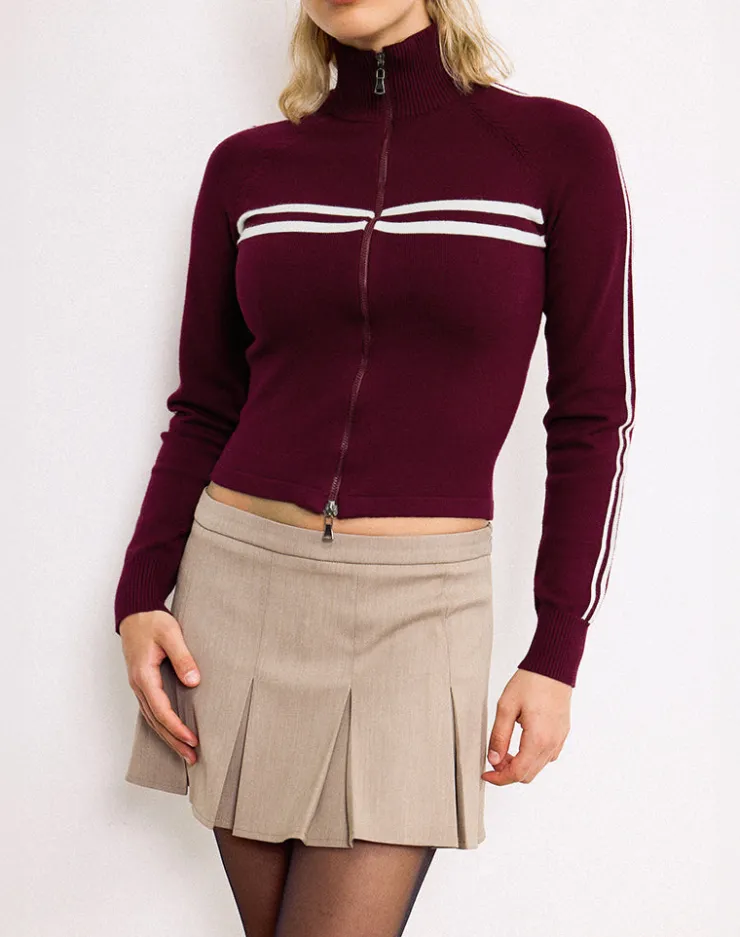 Women Motel Rocks Jackets | Talisa Zip Through Jacket in Maroon with White Stripe