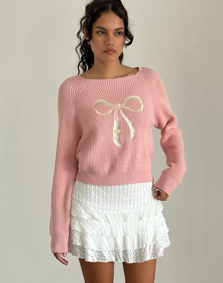 Women Motel Rocks Jumpers | Tami Jumper in Knit Pink with White Bow Embroidery