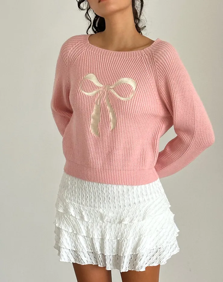 Women Motel Rocks Jumpers | Tami Jumper in Knit Pink with White Bow Embroidery