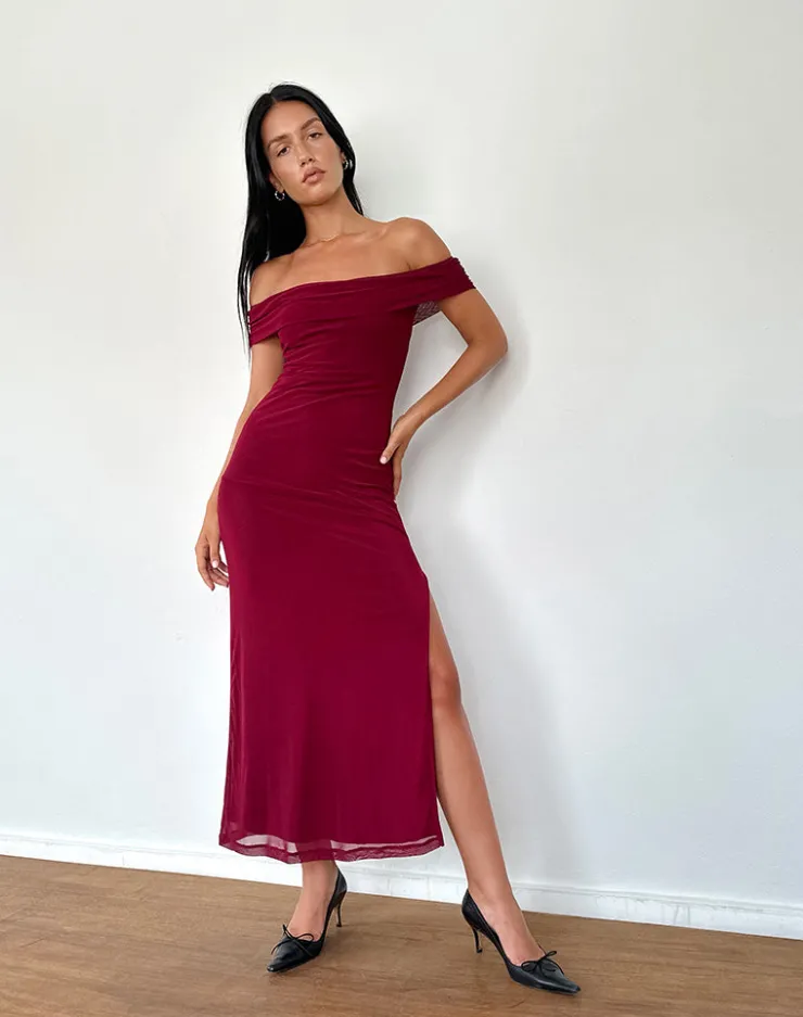 Women Motel Rocks Party Dresses | Maxi Dresses | Tarna Bardot Maxi Dress in Mesh Burgundy