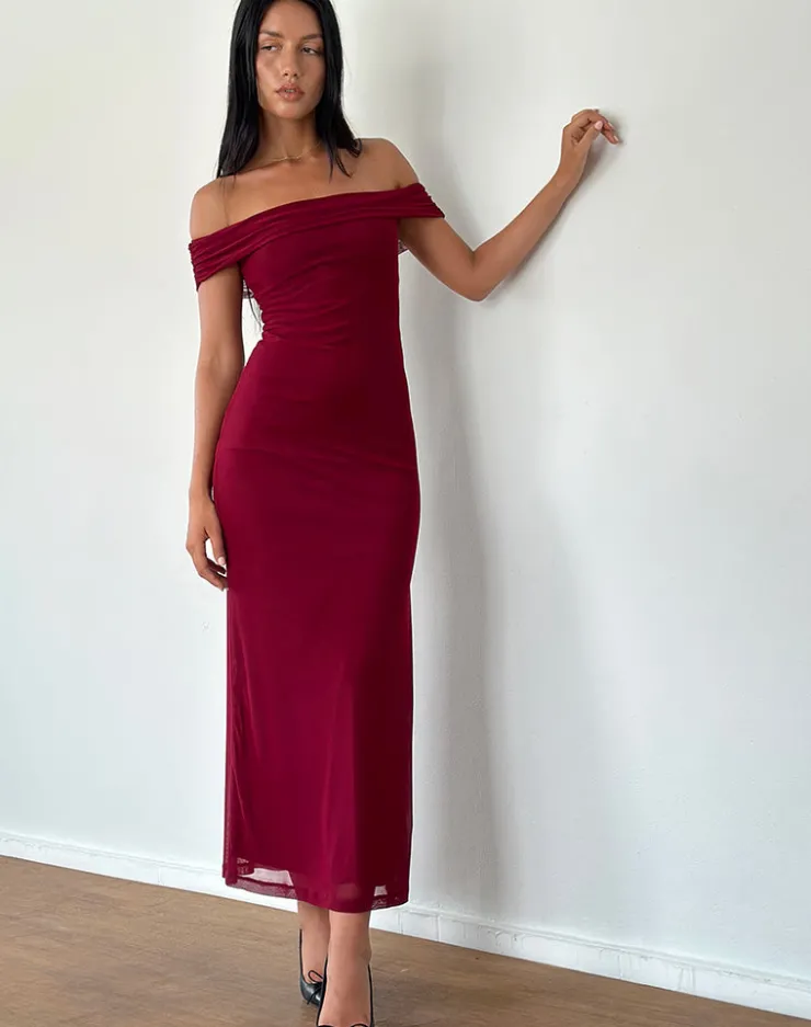 Women Motel Rocks Party Dresses | Maxi Dresses | Tarna Bardot Maxi Dress in Mesh Burgundy