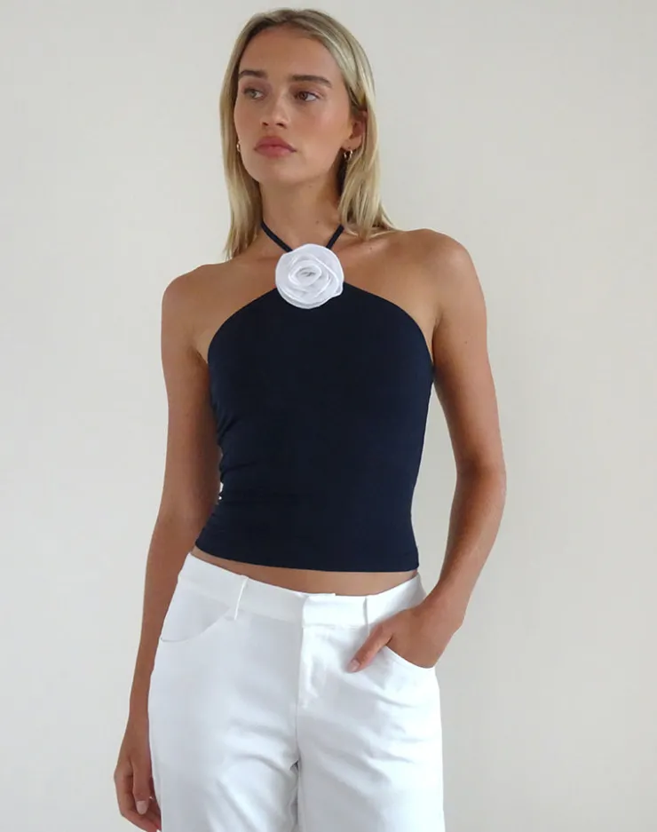 Women Motel Rocks Basics | Basic Tops | Tarrina Halterneck Top in Dark Navy with White Rosette