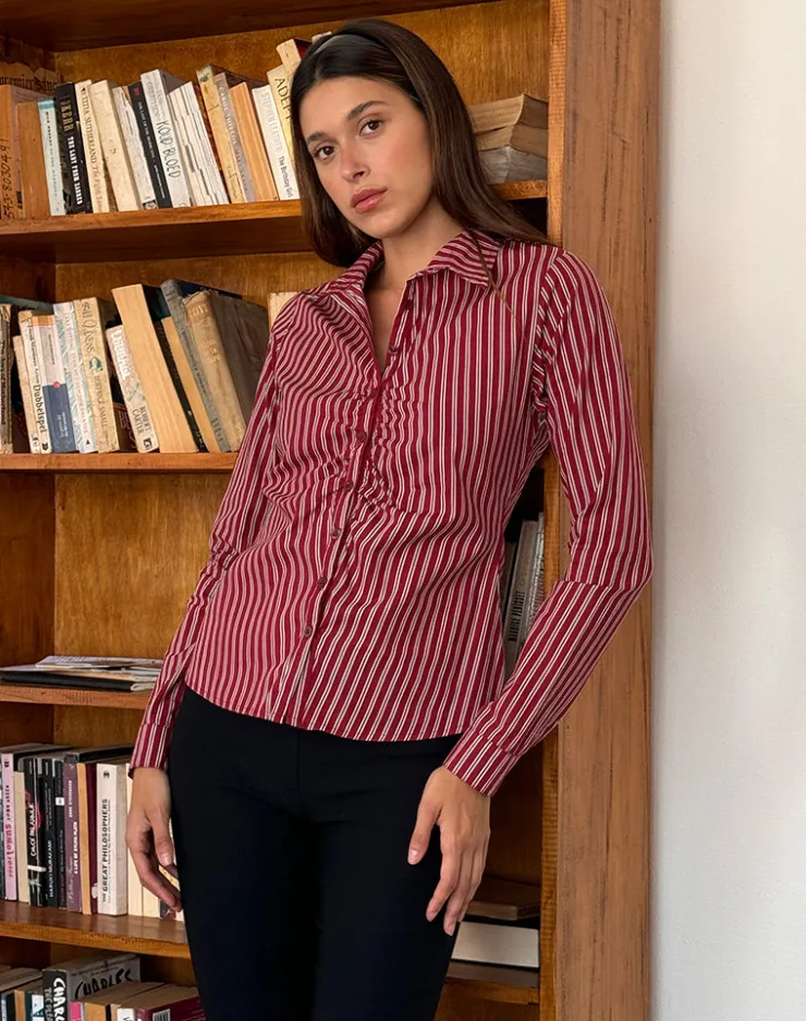 Women Motel Rocks Printed Tops | Long Sleeve Tops | Tarsi Fitted Shirt in Maroon Stripe