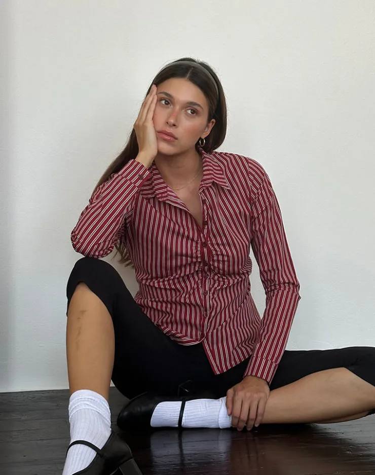 Women Motel Rocks Printed Tops | Long Sleeve Tops | Tarsi Fitted Shirt in Maroon Stripe