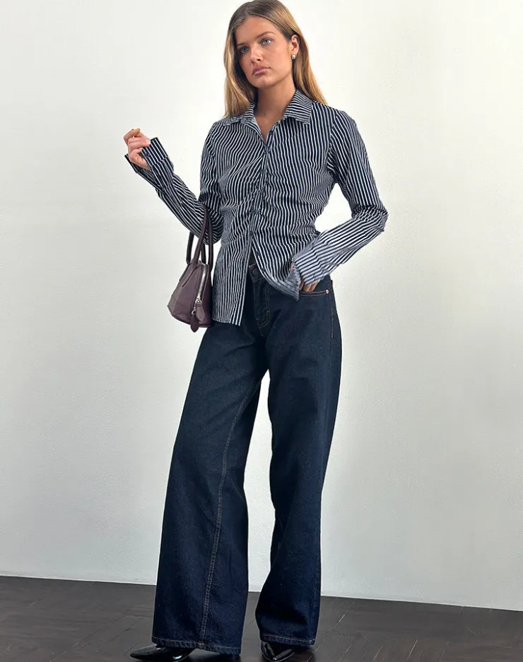 Women Motel Rocks Shirts And Blouses | Printed Tops | Tarsi Fitted Shirt in Mono Stripe Navy