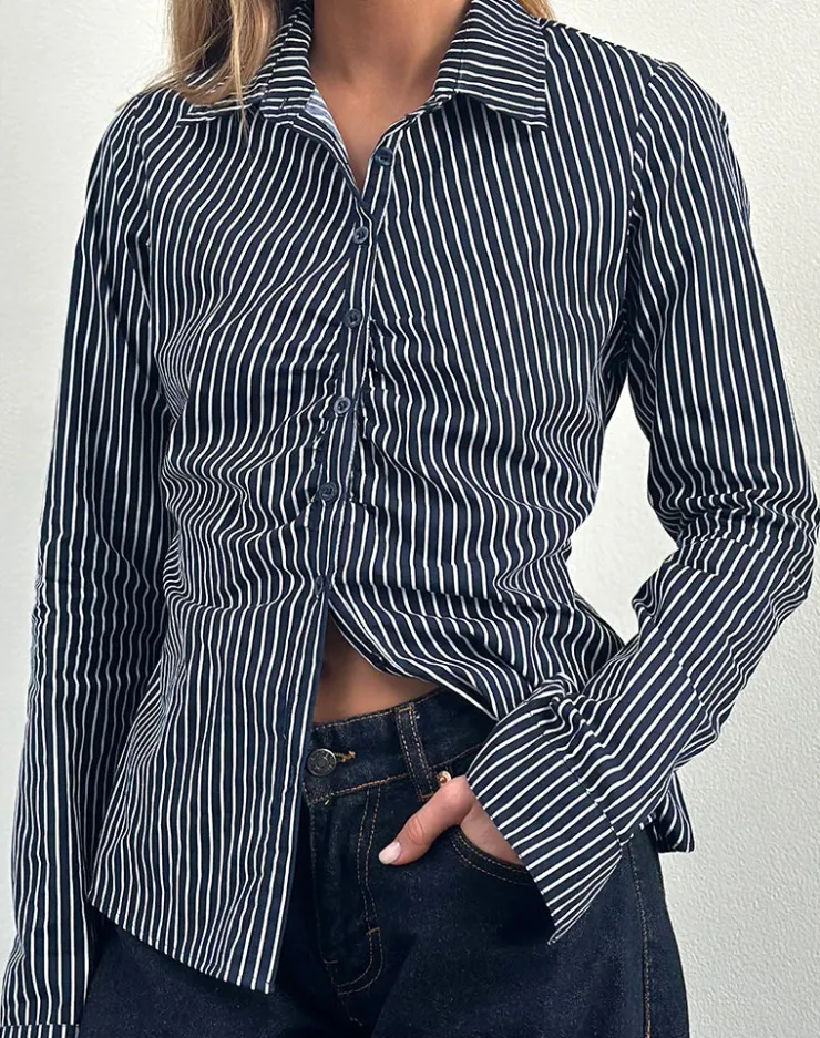 Women Motel Rocks Shirts And Blouses | Printed Tops | Tarsi Fitted Shirt in Mono Stripe Navy