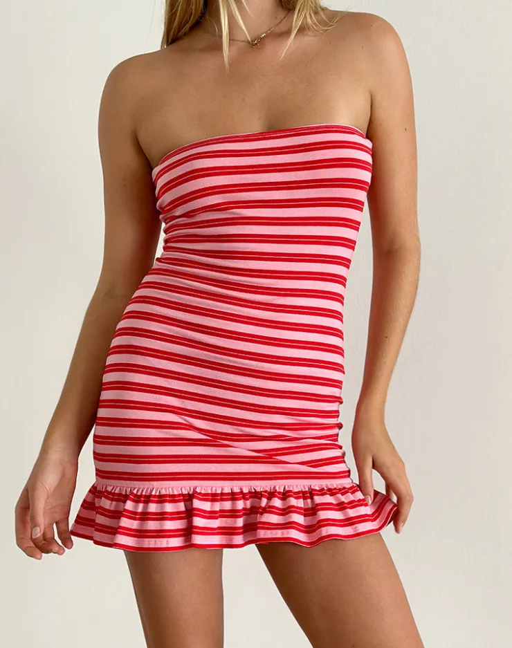 Women Motel Rocks Printed Dresses | Bandeau Dresses | Tav Mini Jersey Dress in Stripe Pink and Red