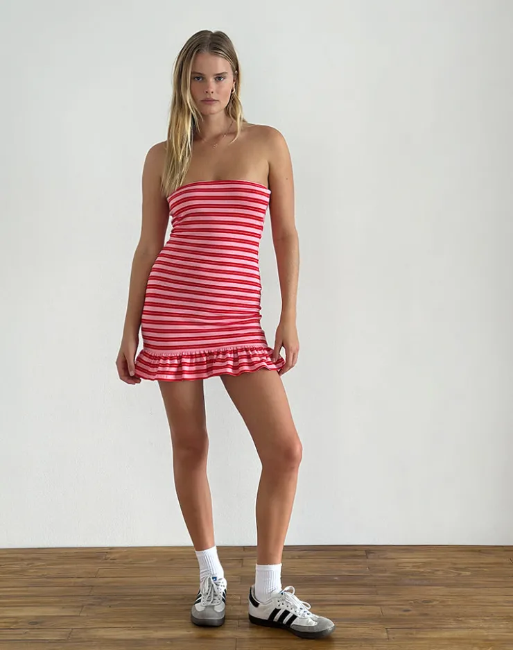 Women Motel Rocks Printed Dresses | Bandeau Dresses | Tav Mini Jersey Dress in Stripe Pink and Red