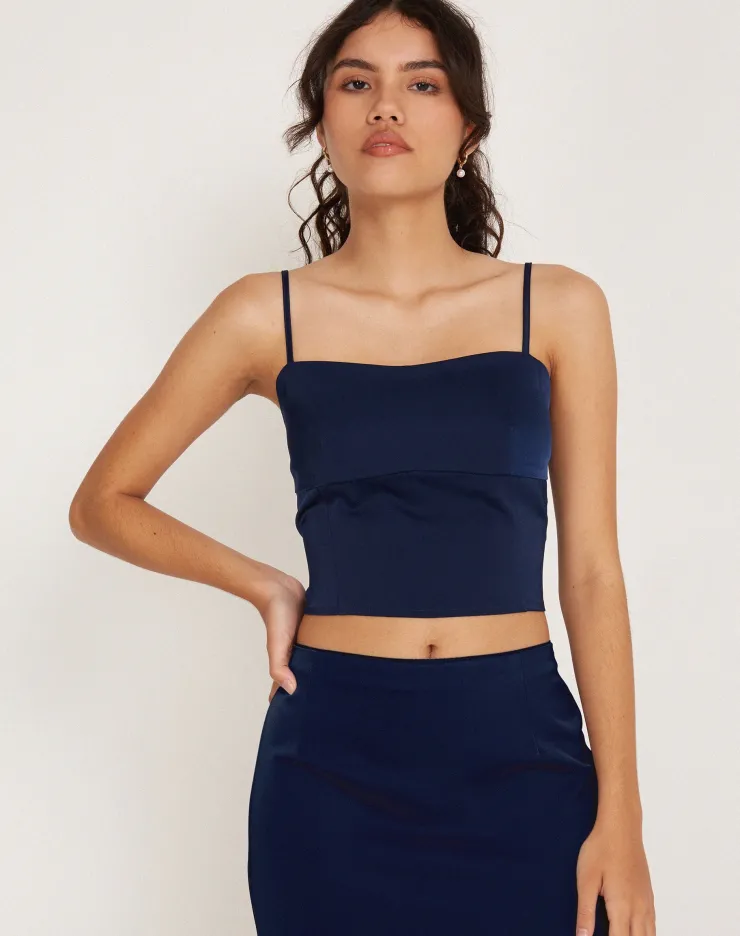 Women Motel Rocks Strappy Tops | Tenley Crop Top in Satin Midnight Navy Blue