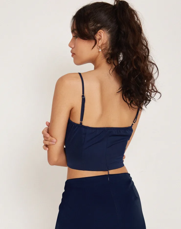 Women Motel Rocks Strappy Tops | Tenley Crop Top in Satin Midnight Navy Blue