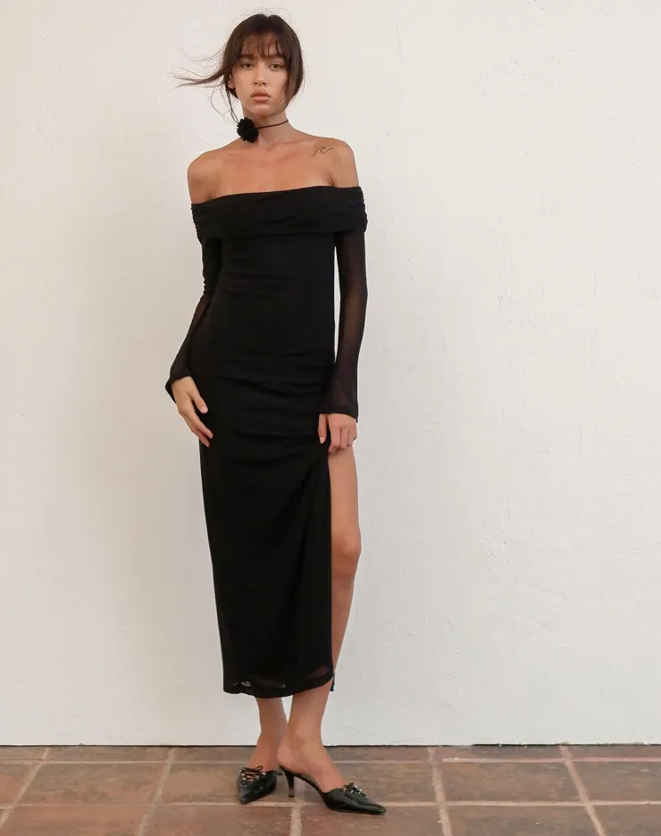 Women Motel Rocks Party Dresses | Terika Bardot Long Sleeve Maxi Dress in Mesh Black