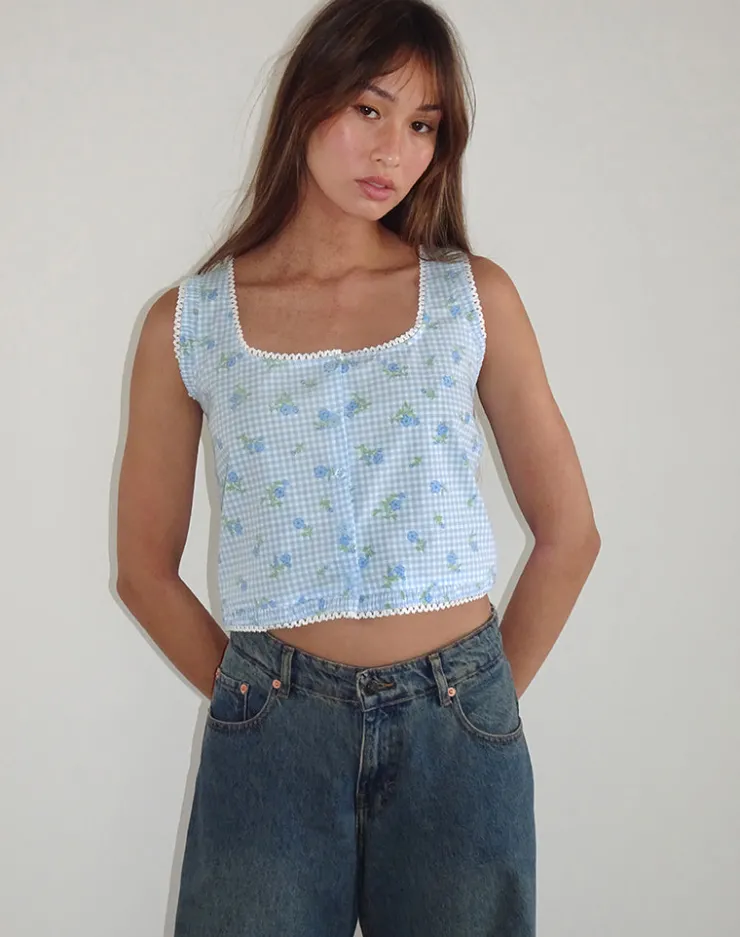 Women Motel Rocks Co-ords | Strappy Tops | Ternya Top in Blue Flower Gingham