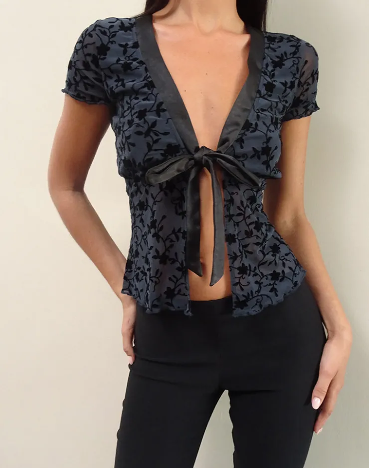 Women Motel Rocks Printed Tops | Going Out Tops | Tifu Tie Top in Navy Pretty Petal Flock