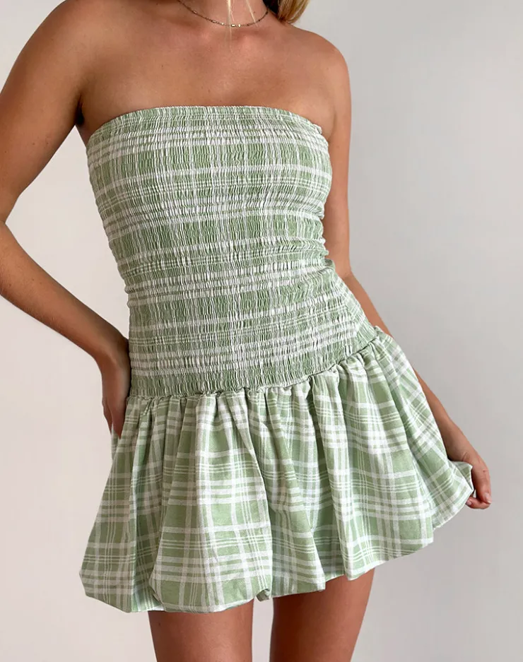 Women Motel Rocks Printed Dresses | Bandeau Dresses | Tilikum Mini Dress in Table Cloth Neo Mint