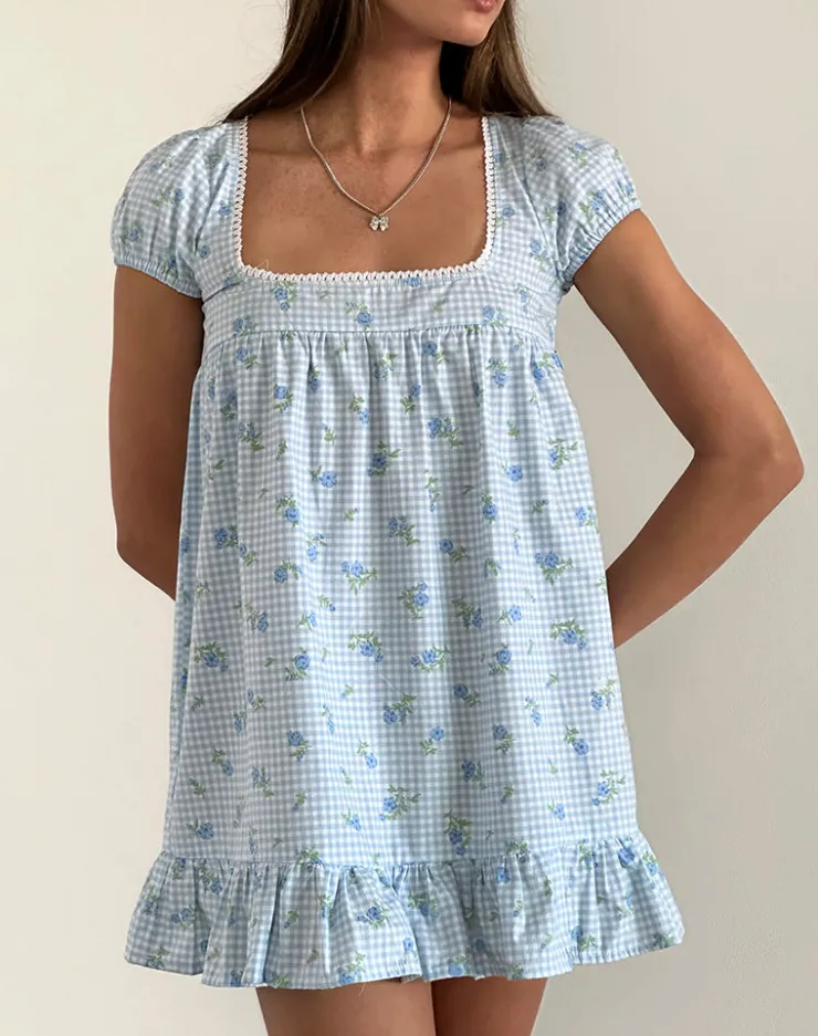 Women Motel Rocks Printed Dresses | Day Dresses | Trim Mini Dress in Blue Flower Gingham