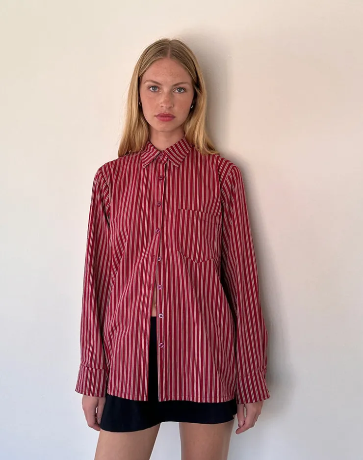 Women Motel Rocks Shirts And Blouses | Printed Tops | Turner Oversized Shirt in Maroon Stripe