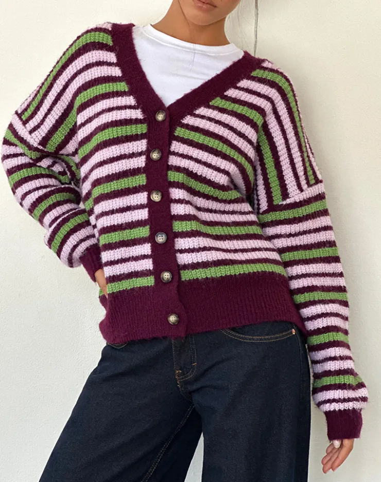 Women Motel Rocks Cardigans | Uriela Cardigan in Green Pink and Burgundy Stripes