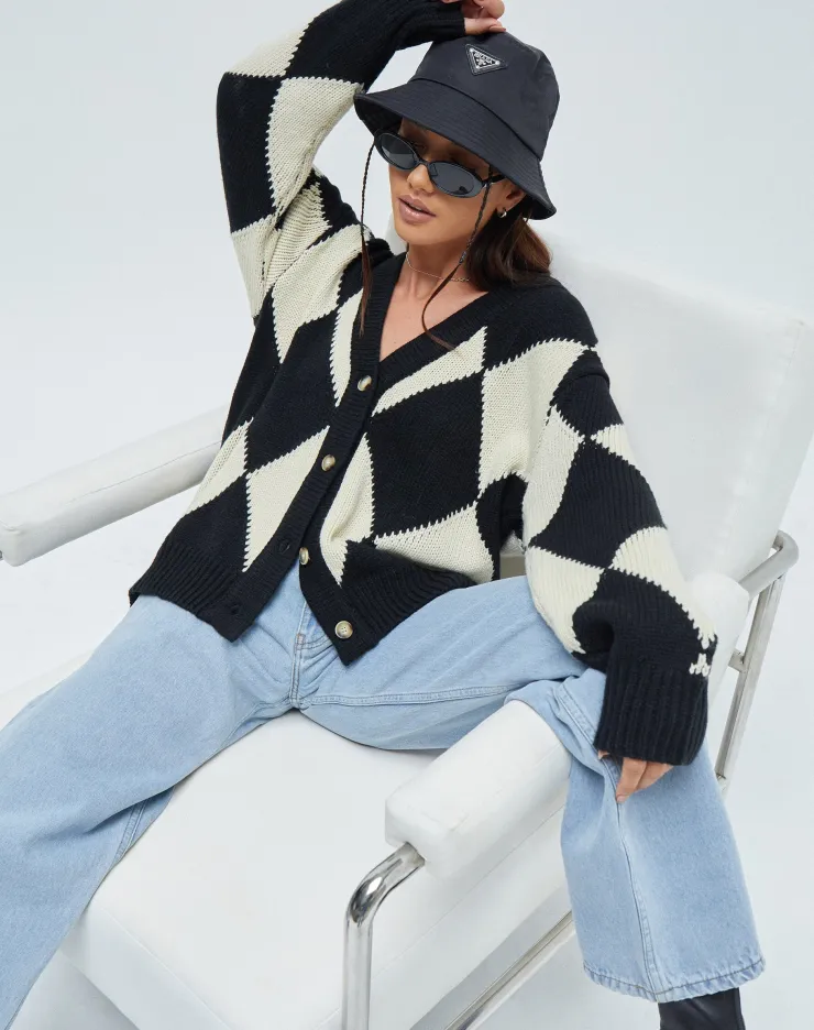 Women Motel Rocks Cardigans | Uriela Cardigan in Harlequin Black and Off White