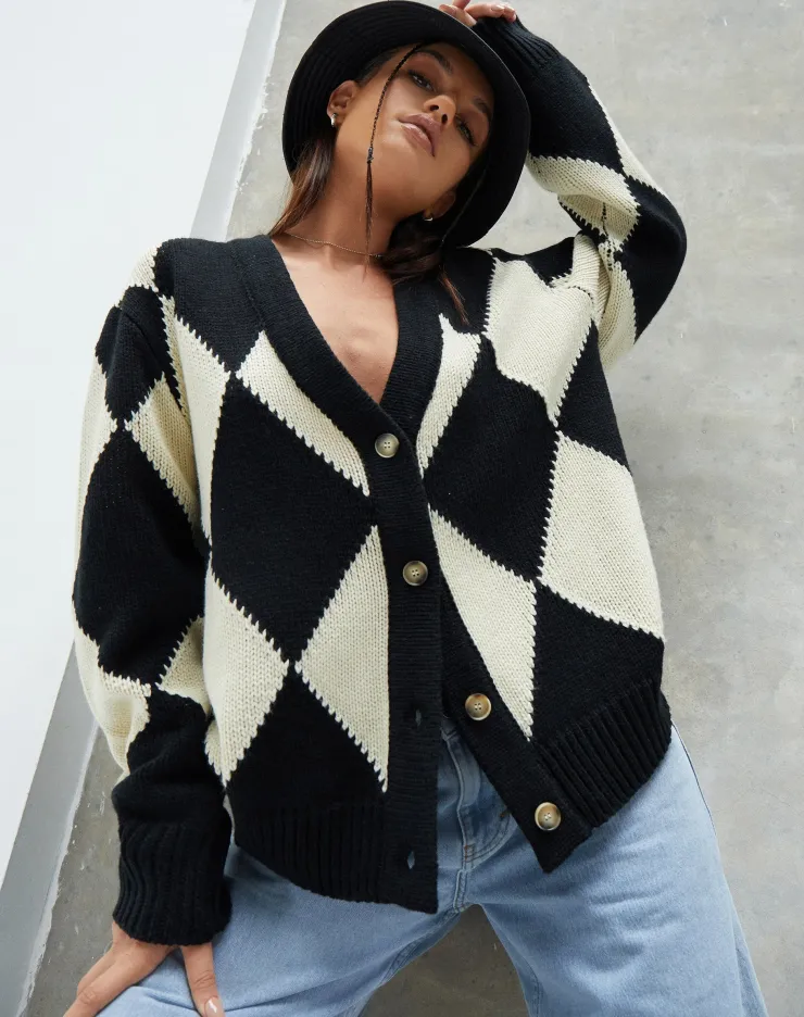 Women Motel Rocks Cardigans | Uriela Cardigan in Harlequin Black and Off White