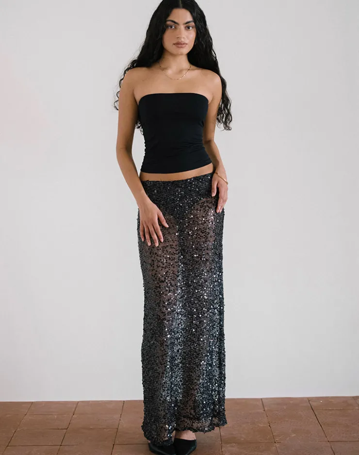 Women Motel Rocks Co-ords | Maxi Skirts | Vanessa Maxi Skirt in Sequin Mesh Black