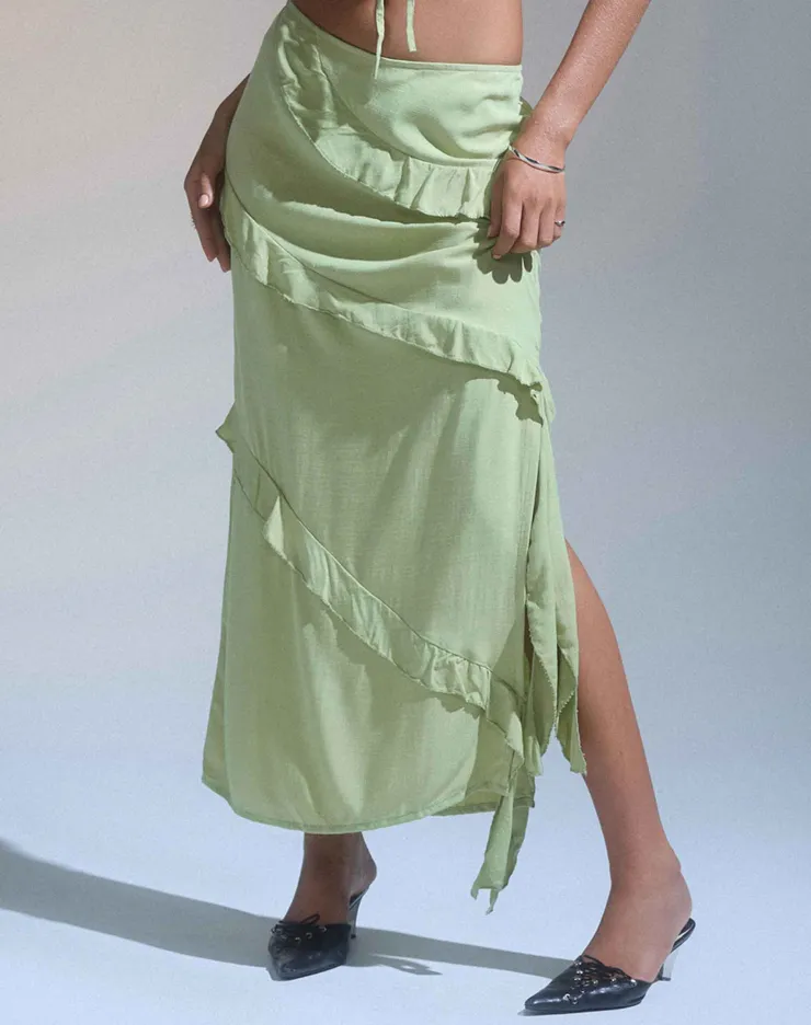 Women Motel Rocks Maxi Skirts | Varena Low Rise Ruffle Maxi Skirt in Mint Sage